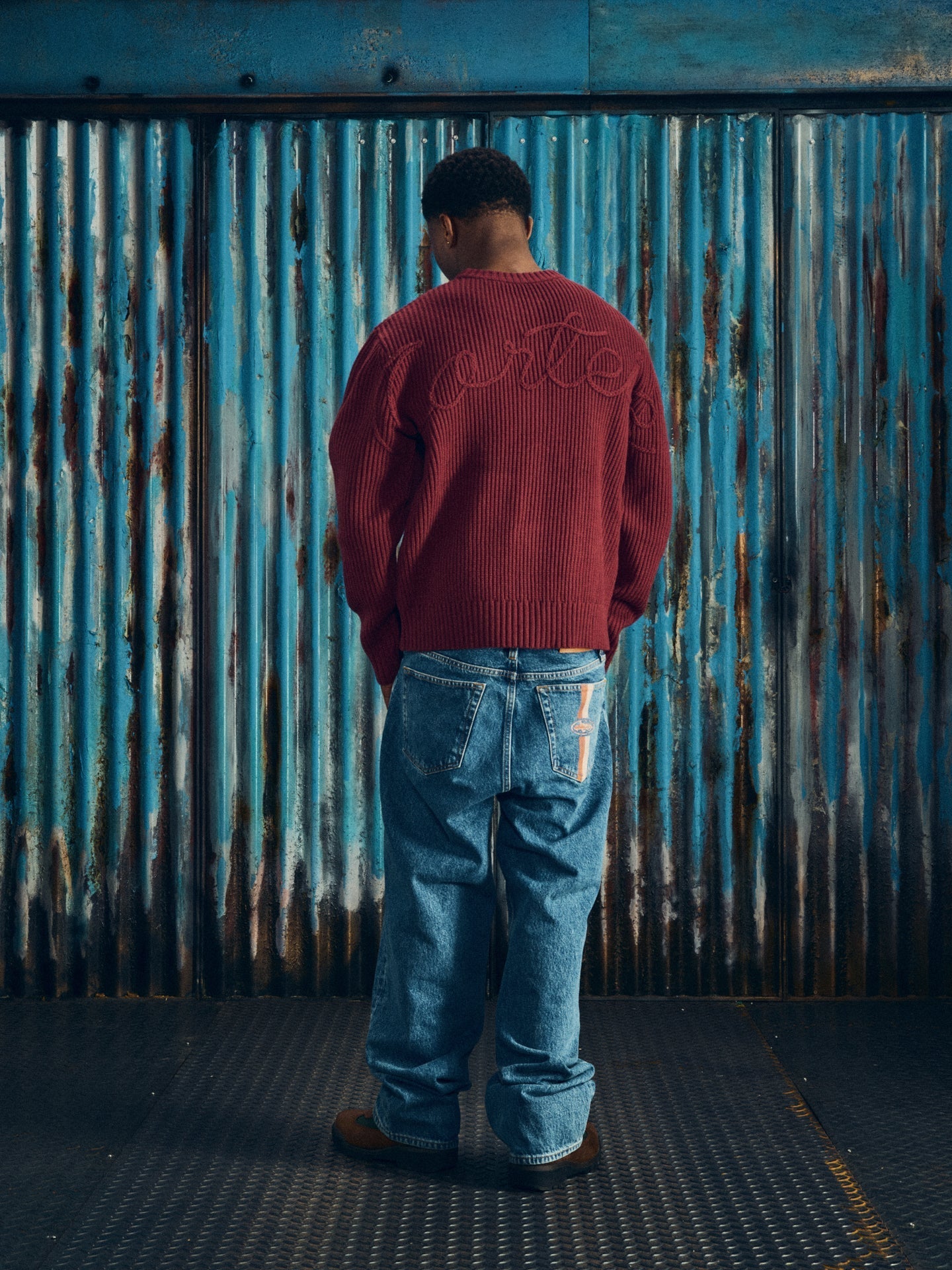 CROCHET APPLIQUE KNIT CREW [BURGUNDY]