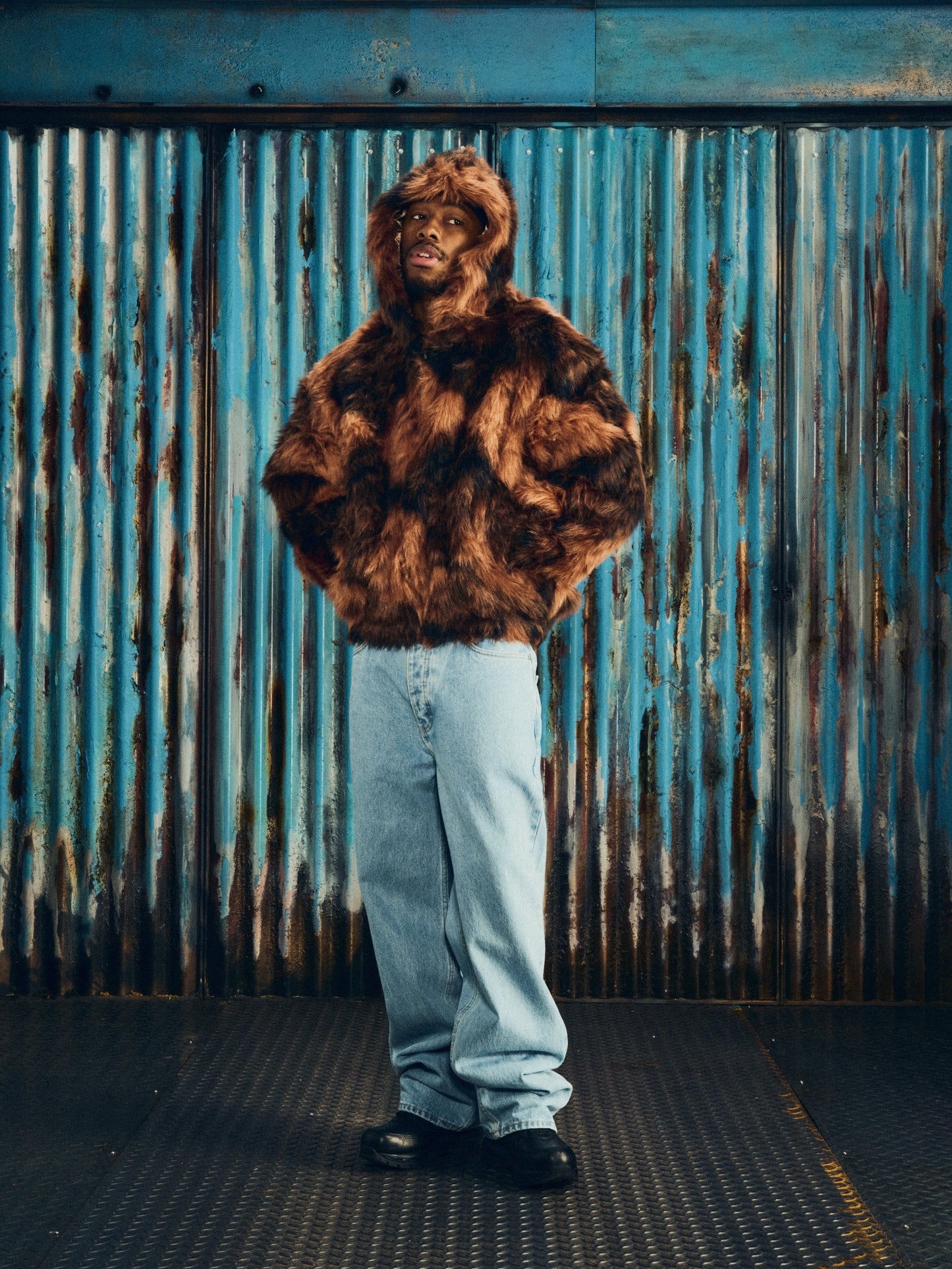 DIAMOND HOODED FUR JACKET [BROWN]