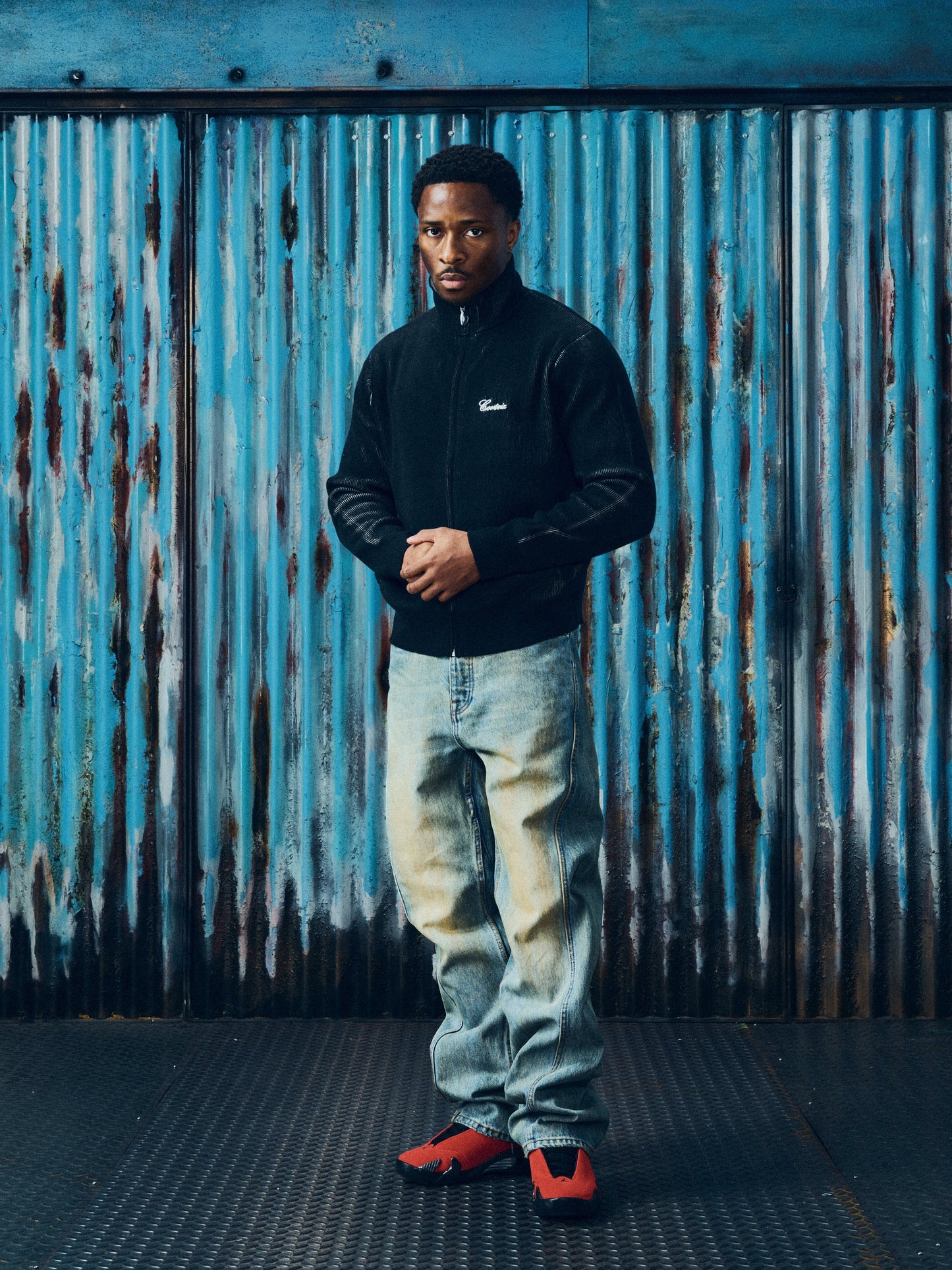 2 TONE RIBBED KNIT ZIP UP [BLACK]